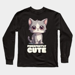 Purrfectly Cute" T-Shirt - Adorable Cartoon Kitten Design Long Sleeve T-Shirt